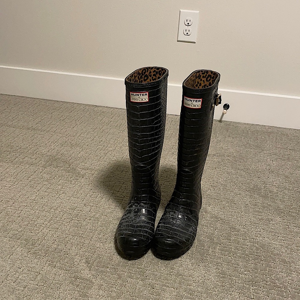 Hunter by Jimmy Choo snake skin black rain boots limited edition